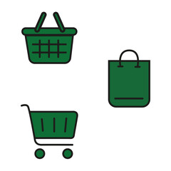 Fototapeta premium Vector flat illustration. A set of icons of shopping baskets of different shapes. Green collection. Suitable for online store, stickers and as an independent drawing.