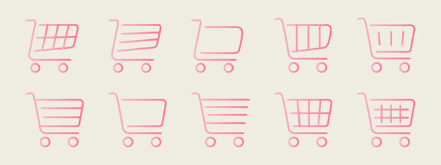 Vector flat illustration. A set of icons of shopping carts of different shapes. Gradient collection in pink color on a light background. Suitable for online store and stickers.