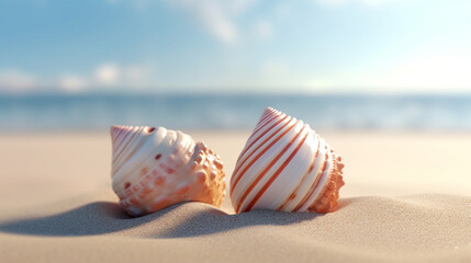 two sea shells on the beach rendering minimal background