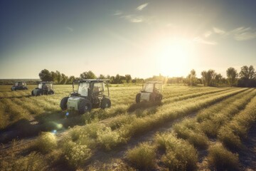 Fototapeta premium Group of agricultural robots working in a sun-drenched field. Generative AI