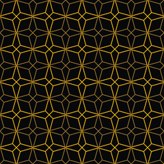 Abstract geometric line seamless pattern with four pointed star shape and octagon. Gold and black color scheme surface. Modern luxury vector illustration.