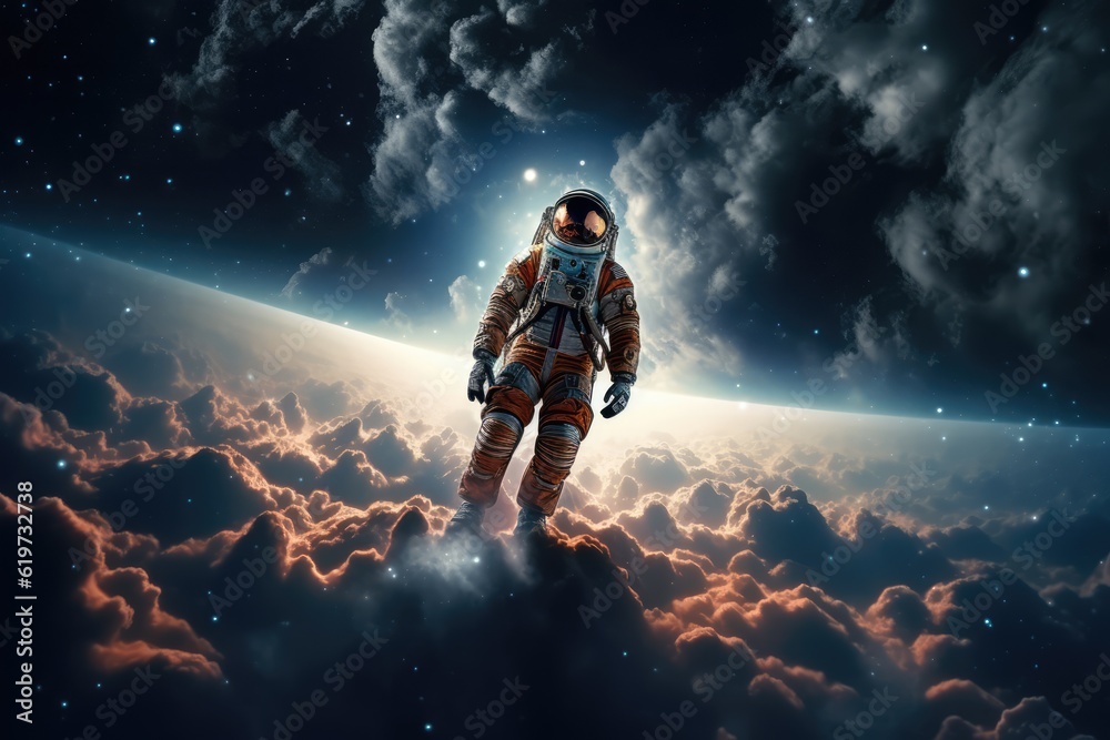 Sticker astronaut exploring other worlds in outer space