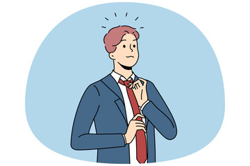 Young confident businessman in suit and tie feel successful and motivated. Self-confident male boss or CEO wearing formalwear show leadership qualities. Flat vector illustration.