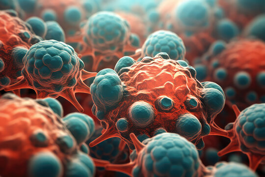 Beautiful body cells under the microscope in red and blue. Close-up zoom of the molecules. Round cell bubbles wallpaper. Generative AI 3d render illustration imitation.