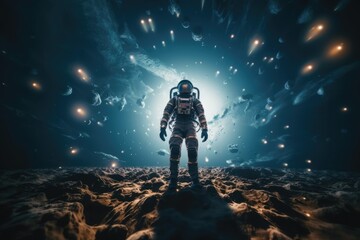 Fototapeta na wymiar Astronaut exploring other worlds in outer space
