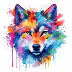Watercolor colored wolf head illustration portrait for print on white background.