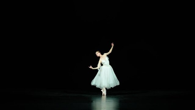 Ballet, elegant ballerina in a white tutu dance and perform choreographic elements on a black background, beautiful dramatic dance.