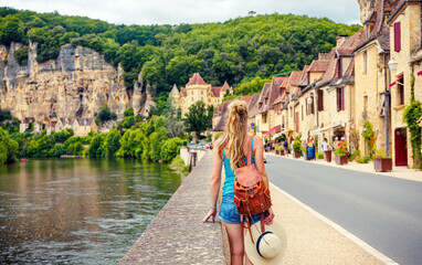 Woman traveling in Europa- Beynac et Cazenac in France- Dordogne