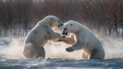 AI generated illustration of two polar bears in a playful scuffle on a snowy landscape - obrazy, fototapety, plakaty
