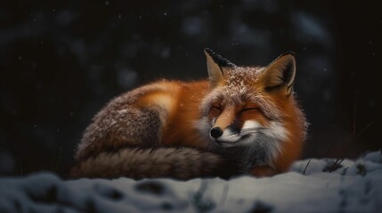 AI-generated illustration of a red fox resting in the wintery landscape.