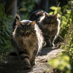 Naklejka na ściany i meble AI generated illustration of two large felines leisurely strolling down a lush green path