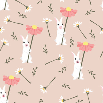 Rabbit And Daisy Flower Seamless Cute Pattern. For Backdrop, Wrapping Paper, Fabric, Wallpaper. Fashion Prints. Printing With In Hand Drawn Style Pastel Background.