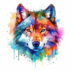 Naklejka premium Watercolor colored wolf head illustration portrait for print on white background.