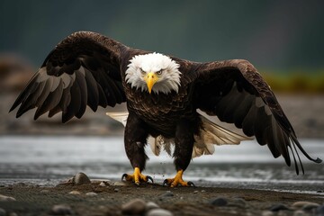 Fototapeta premium AI generated illustration of A majestic bald eagle soars majestically over a picturesque lake