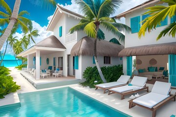 Villa on a beautiful beach with lots of coconut trees
