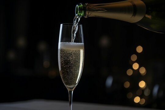 AI generated illustration of a bottle of champagne pouring alcohol into the glass