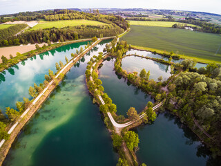 Drone point of view of fishing ponds near Allershausen in Upper Bavaria - District of Freising (Germany) - July 20, 2019