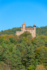 Fototapeta na wymiar Landschaft mit Blick zur Burg Berwartstein bei Erlenbach. Region Pfalz im Bundesland Rheinland-Pfalz in Deutschland