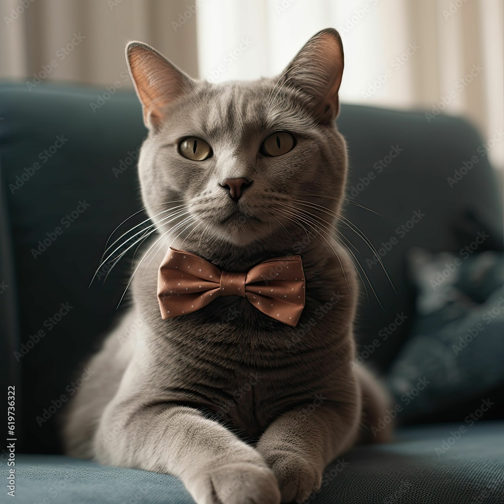 Sticker AI generated illustration of a domestic gray cat with a red bow-tie on a cozy couch