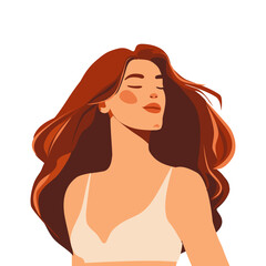 Young beautiful woman closed her eyes, enjoys the sun, the wind develops her red hair. Inner balance, mental health, enjoy and self-love concept. Modern vector editable illustration isolated on white.