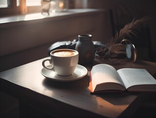 AI generated illustration of awooden table with a book and a cup of coffee on top