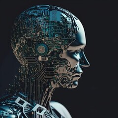 AI generated illustration of a humanoid robot head with a futuristic circuit board design