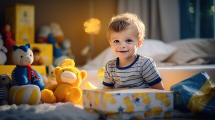 Fototapeta premium Portrait of a boy in pajamas on a bed with a gift box in a room. Generative Ai.