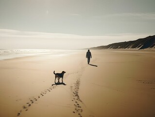 AI generated illustration of a silhouette of a person with a dog at a sandy beach