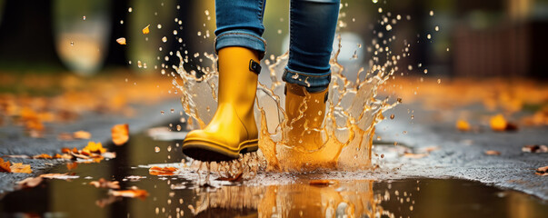 Splashing Adventure: Small Child in Rubber Boots Enjoying Summer and Fall Rain