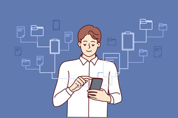 Businessman works with phone managing cloud server and business databases via WIFI. Man with smartphone launches hud file storage through online application using high-tech business solutions