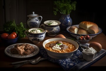 A traditional Russian meal, featuring a plate of beef stroganoff - Generative AI