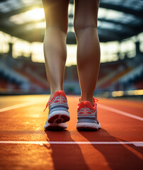 Fototapeta na wymiar On Your Mark: Female Athlete Prepared to Race on the Track