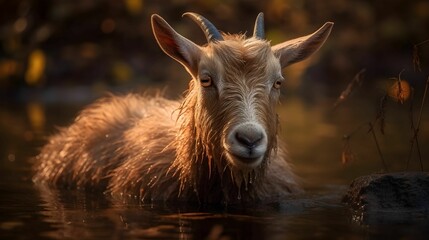 AI generated illustration of a goat chilling in the river water, taking a bath at golden hour