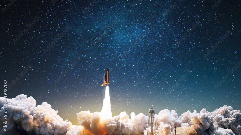 Canvas Prints new space ship shuttle with blast and puffs of smoke successfully takes off up into the starry sky. 