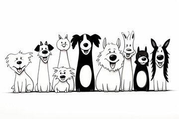 group of funny dogs - black and white line art illustration created using generative AI tools