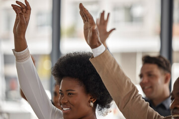 Happy business people, black woman or hands up in seminar for participation or learning skills....