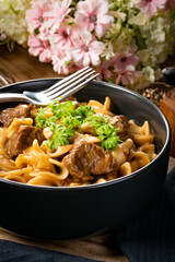 Tagliatelle mosse with beef sauce.