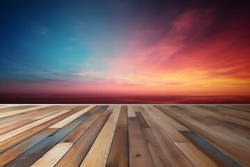 AI generated illustration of a wooden floor illuminated by sunrise in the background