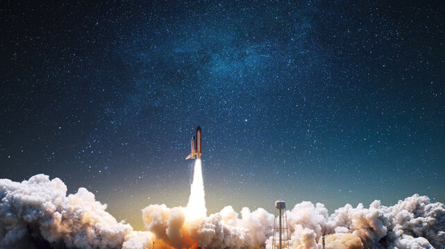New space ship shuttle with blast and puffs of smoke successfully takes off up into the starry sky. Space mission and rocket lift off