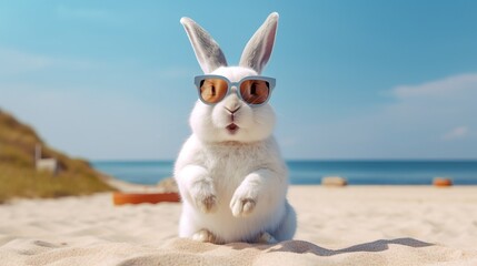 Unny rabbit wearing sunglasses on the beach.