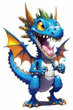 AI generated illustration of a whimsical blue baby dragon on a white background