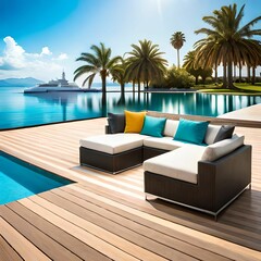 AI generated modern outdoor terrace near swimming pool with comfortable lounge furniture