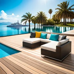 Fototapeta premium AI generated modern outdoor terrace near swimming pool with comfortable lounge furniture