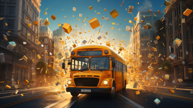 Back to school creative banner. School bus with elements explode background in city . Generative AI