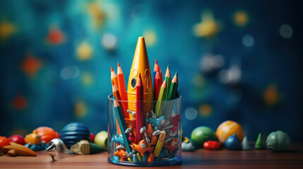 Back to school creative banner. Rocket ship launch made with pencils. Online learning digital education concept. Generative AI