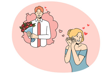 Happy young woman dreaming of beloved man coming on date with flowers. Smiling girl imagine boyfriend with floral bouquet on romantic meeting. Love and relationship. Vector illustration.