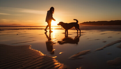 the female is walking her dog on the beach at sunset, AI generated