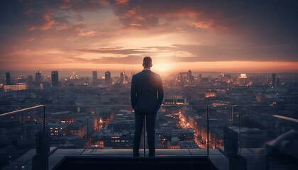 AI generated illustration of a man standing at a balcony overlooking a city skyline at sunset