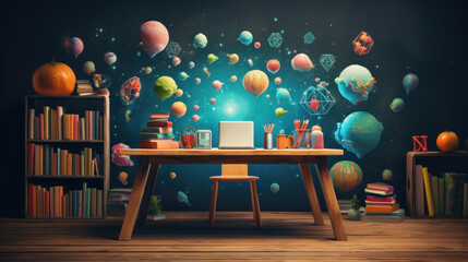 Back to school creative banner. Digital Classroom Online Education internet with laptop concept. Background decoration imagine. Generative AI