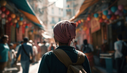 Obraz na płótnie Canvas a female walking down a street wearing a pink hat and backpack, AI generated